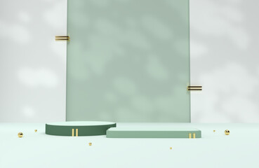 2 soportes, circular y rectangular, para exhibición de productos con detalles dorados. Plantilla 3D con pedestal en tonos verdes. Ilustración para banners de redes sociales. Recurso gráfico.