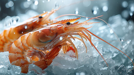 Frozen shrimp on ice. Generative AI.