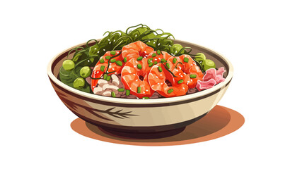 Hawaiian poke bowl with tuna salmon shrimp with isolated vector style illustration