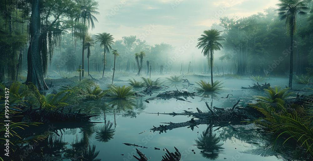Aufkleber Open wide landscape with prehistoric forest and palm trees, fern trees, fern, engulfed in fog layers, swamp water, clusters of large broken branches and broken tree debris. Generative AI.