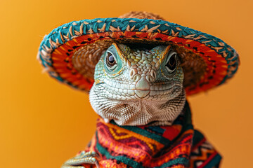 A mexican lizard wearing a traditional sombrero hat and mexican outfit - obrazy, fototapety, plakaty