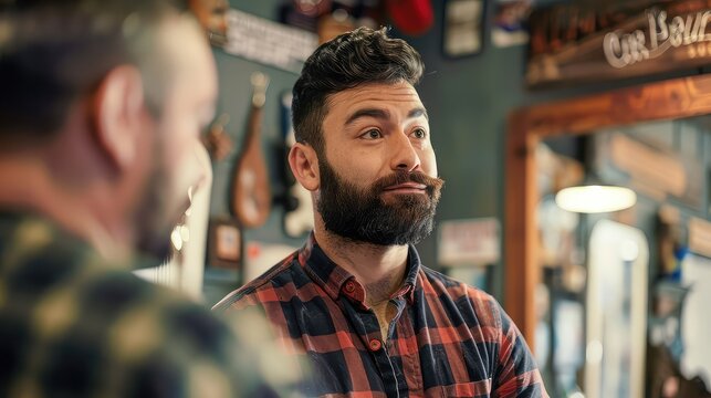 Confident man discussing beard grooming techniques with his barber during a visit to the barbershop.