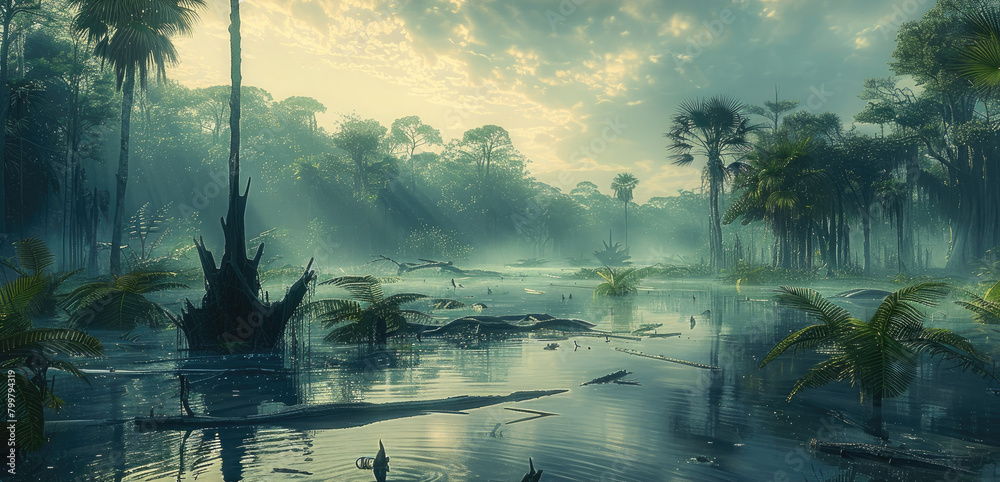Poster Open wide landscape with prehistoric forest and palm trees, fern trees, fern, engulfed in fog layers, swamp water, clusters of large broken branches and broken tree debris. Generative AI.