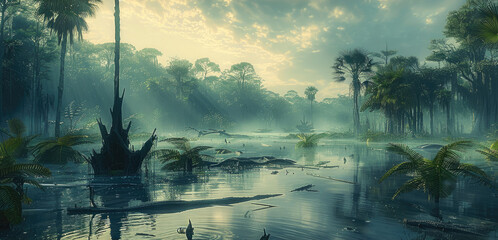 Open wide landscape with prehistoric forest and palm trees, fern trees, fern, engulfed in fog layers, swamp water, clusters of large broken branches and broken tree debris. Generative AI.