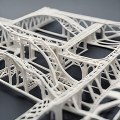 3D-printed model of a bridge or road design, emphasizing structural elements and connection of bridges