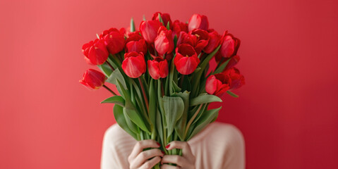 Cheerful happy young female with bouquet of bunch of red tulips on red background. Enjoy lifestyle, rejoice spring holiday, celebrate birthday, Women's Day being in love concept
