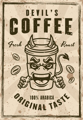 Devil coffee paper cup cartoon mascot character vector poster in vintage style. Layered, separate grunge texture and text