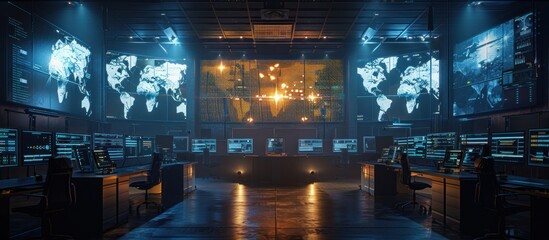 high-tech control room with multiple screens displaying world maps and data, suggestive of global monitoring or security operations