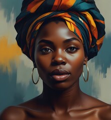 Abstract painting concept. Colorful art portrait of a black woman with modern turban. African culture. Generative AI. - obrazy, fototapety, plakaty