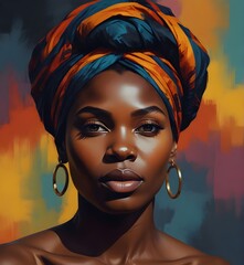 Abstract painting concept. Colorful art portrait of a black woman with modern turban. African culture. Generative AI. - obrazy, fototapety, plakaty