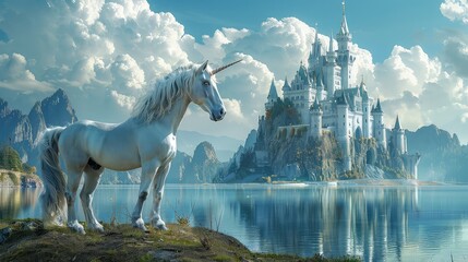 Dreamlike landscape: Unicorn stands before a fairy tale castle, bringing a touch of magic to the scenery. 