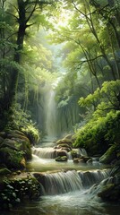 Serene Waterfall Nestled in a Lush Green Forest Landscape,Showcasing the Beauty of Nature's Tranquility - obrazy, fototapety, plakaty