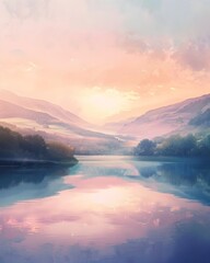 Captivating Landscape at Dawn:Serene Reflection on a Tranquil Lake Amid Misty Mountains - obrazy, fototapety, plakaty