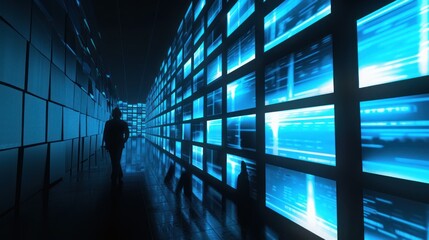 digital intruder with screens in shadowy blue.