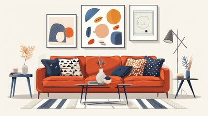 Living Room Sofa Decor: A vector illustration featuring a living room sofa as the centerpiece