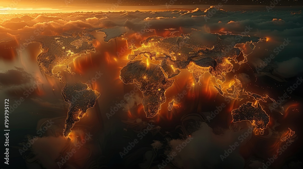 Poster glowing world map in dark background, top view. generative ai.