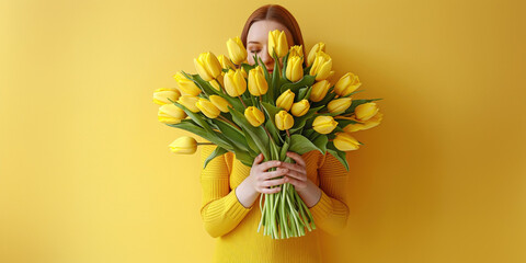 Enjoy lifestyle, rejoice spring holiday, celebrate birthday, Women's Day being in love concept. Cheerful happy young female with bouquet of bunch of yellow tulips on yellow background