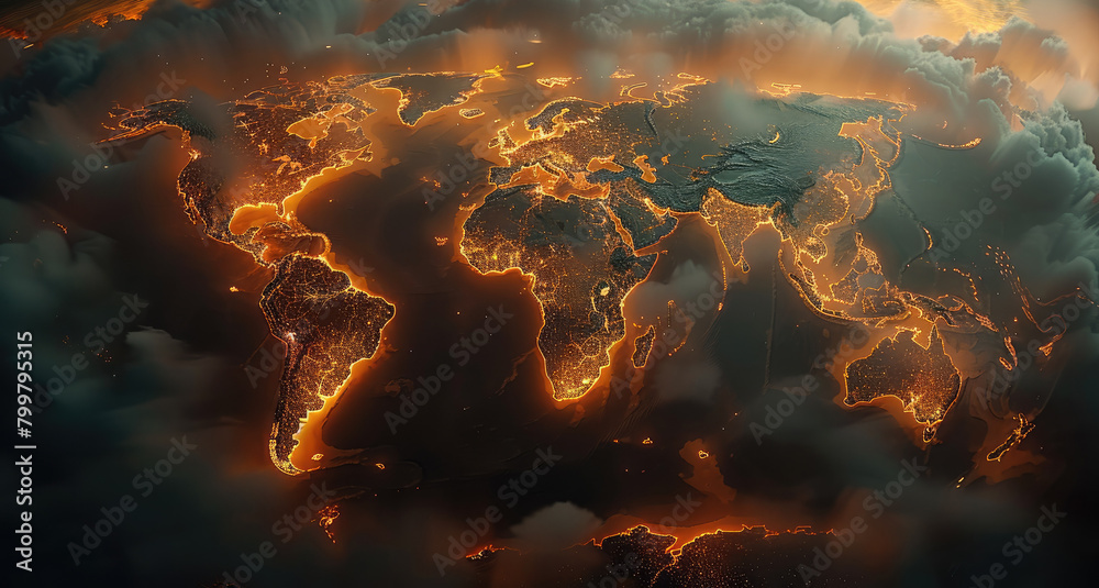 Poster glowing world map in dark background, top view. generative ai.