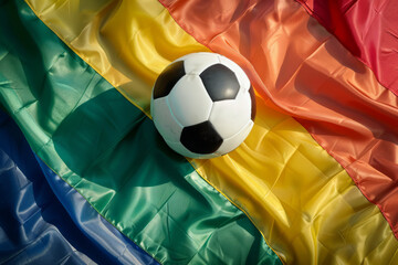 Soccer football ball on an LGBTQ gay pride rainbow flag