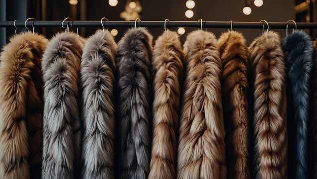 A line of opulent fur Coats in MIRONE COLOUR are arranged neatly on a rack in an elegant boutique.