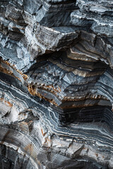 Close up of layered patterns and textures of sedimentary rock formations, with each distinct layer representing a different geological epoch .