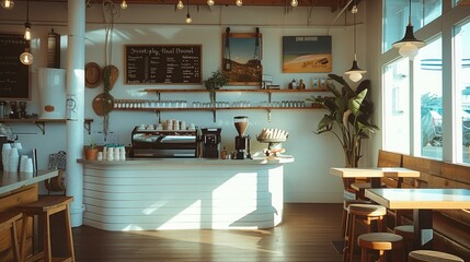 A modern and clean surf themed coffee shop. Generative AI.
