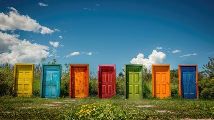 Gateway to joy: Colorful doors emerge from the green landscape, inviting viewers to step into a world of happiness on a sunny summer day. 