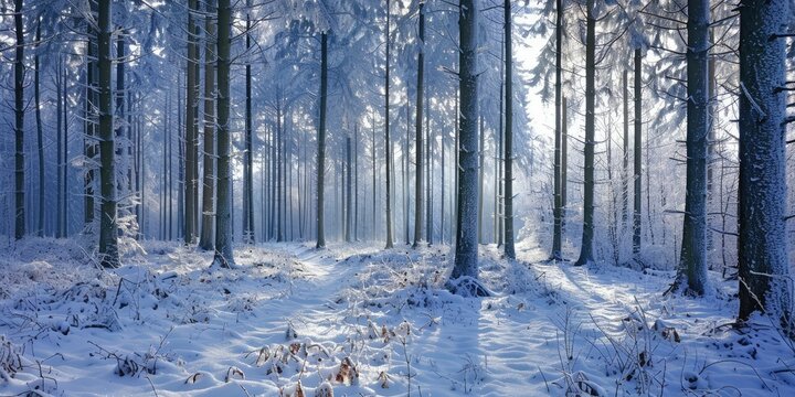 Spruce forest in winter, hoarfrost and snow create a strongly graphic effect