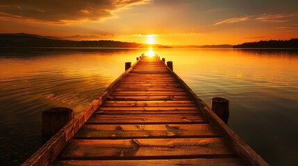 Golden hour at the lake: A weathered wooden dock extends gracefully into the water, silhouetted against the vibrant colors of the sunset.  - Powered by Adobe