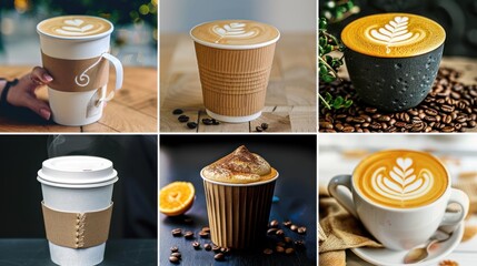 A collage of mockup coffee cup photos highlights the range of options available for businesses seeking branding solutions.