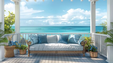 Outdoor Sofa Coastal Escape: An illustration of an outdoor sofa on a coastal deck, overlooking the ocean