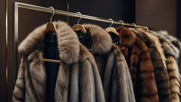 A line of opulent fur Coats in MIRONE COLOUR are arranged neatly on a rack in an elegant boutique.