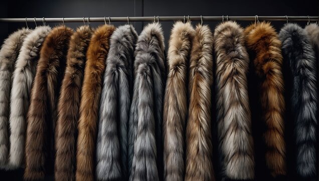 A line of opulent fur Coats in MIRONE COLOUR are arranged neatly on a rack in an elegant boutique.