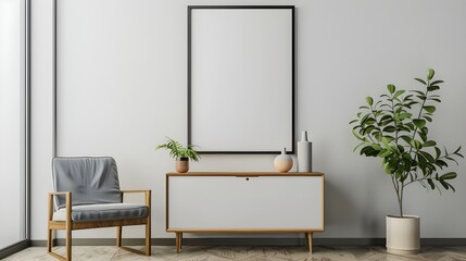 Mock up poster frame on cabinet in interior.3d rendering, Mockup frame in living room interior with chair and decor, Scandinavian style.3d rendering ai generated 