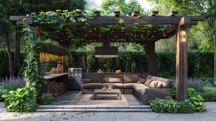 Outdoor Sofa Outdoor Living Space: A 3D illustration of an outdoor sofa in an outdoor living space