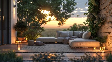 Outdoor Sofa Terrace: A 3D illustration of an outdoor sofa on a terrace, with stylish decor and lighting