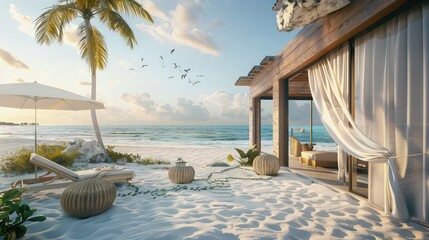 Obraz premium A tranquil beach scene with palm trees swaying gently in the breeze, their fronds casting dappled shadows on the golden sand below.