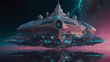 Space Station Orbiting Glowing Blue Planet, unknow galaxy