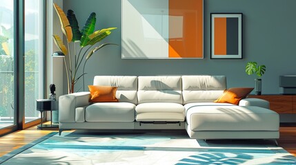 Reclining Sofa Modern Living: An illustration showcasing a reclining sofa as a centerpiece of modern living room furniture