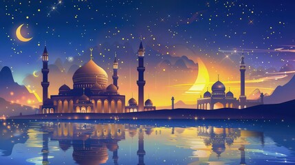  As night falls, a grand mosque is bathed in the soft glow of moonlight, its intricate architecture illuminated against the dark sky. 