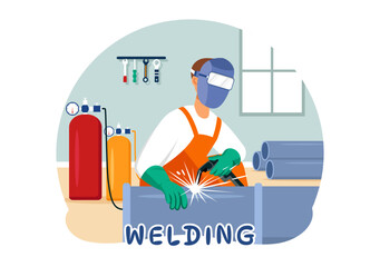 Welding Service Vector Illustration with Professional Welder Job Weld Metal Structures, Pipe and Steel Construction in Flat Cartoon Background