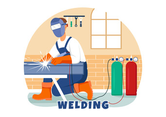 Welding Service Vector Illustration with Professional Welder Job Weld Metal Structures, Pipe and Steel Construction in Flat Cartoon Background