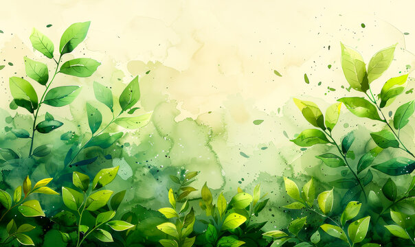 Vibrant Green Watercolor Nature Background - Lush Foliage, Spring Leaves, Eco Botanical Texture, Abstract Plant Branches