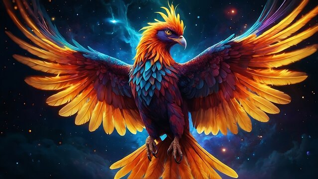 Sunlit Celestial Wings in Night Sky, Fantasy colorful bird