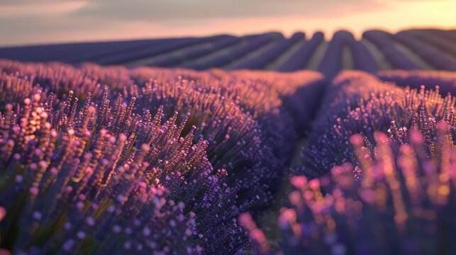 Morning tranquility: Lavender fields glow in the gentle light of sunrise, offering a serene moment in the heart of summer.