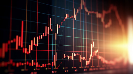 Naklejka premium Close-up view of a stock exchange trading graph showing a sharp decline, highlighted by red candlestick indicators, symbolizing investment losses