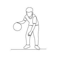 One continuous line drawing of a child playing basketball vector illustration. The child dribbling the ball, passing the ball, and shooting the ball at the hoop. Basketball design concept illustration