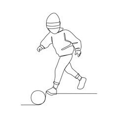 Fototapeta premium One continuous line drawing of a child playing football vector illustration. The child dribbling the ball, passing the ball, and shooting the ball to the goal. Football design concept illustration