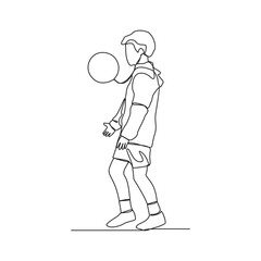 One continuous line drawing of a child playing football vector illustration. The child dribbling the ball, passing the ball, and shooting the ball to the goal. Football design concept illustration