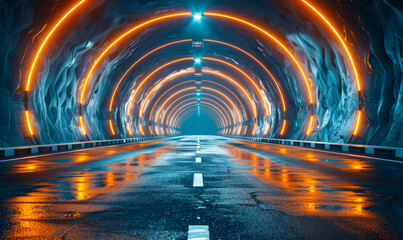 Futuristic 3D Architectural Highway Tunnel with Empty Asphalt Road - Concept Render of Modern Infrastructure Design